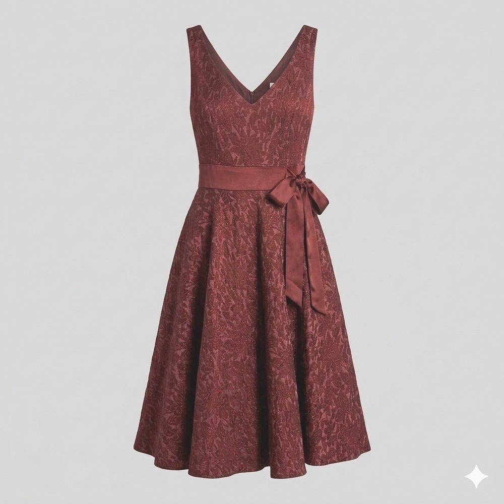 Maggy London Burgundy Shimmer Floral Jacquard Fit Flare Cocktail Dress 6 Y2K